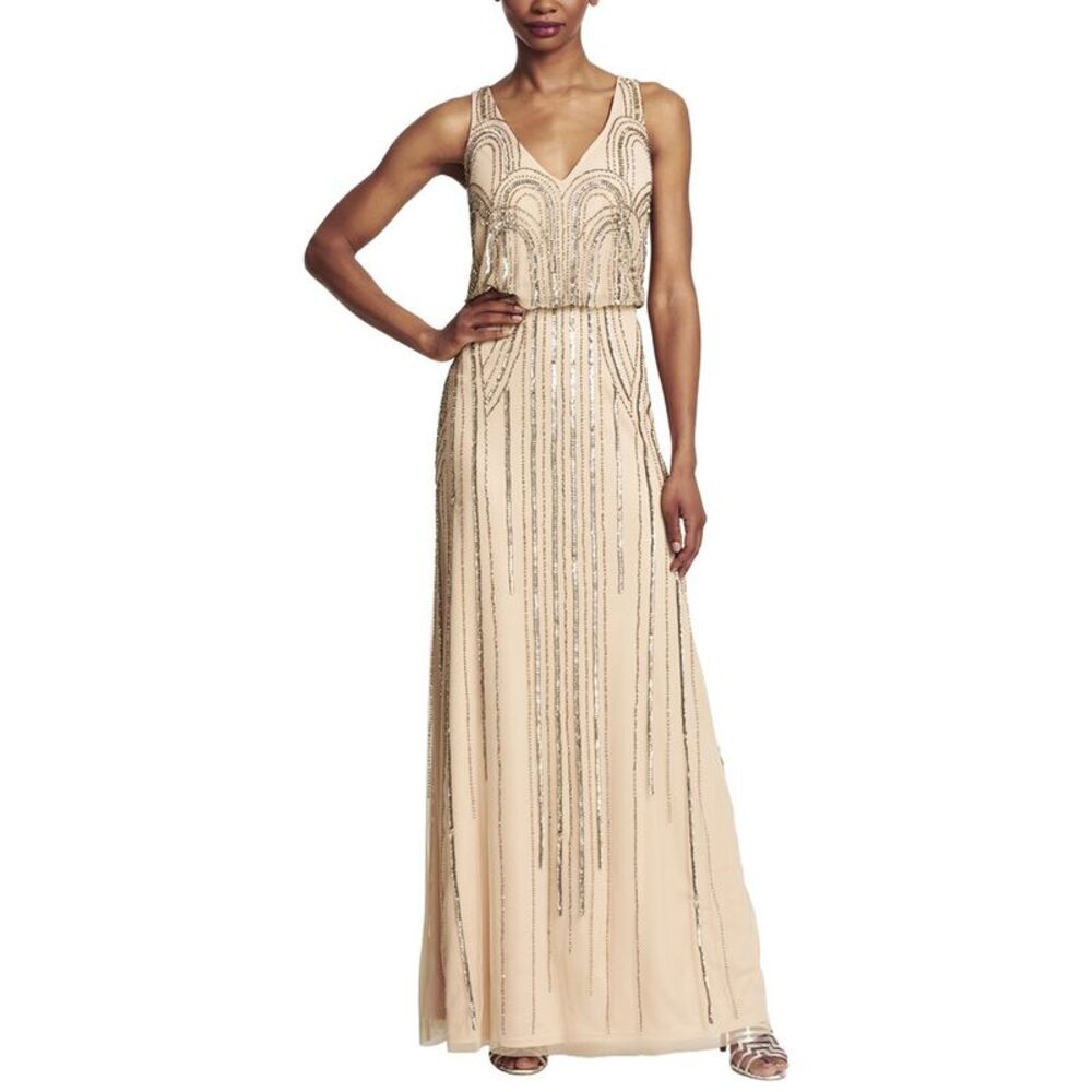 Adrianna Papell Womens  Beaded Blouson Art Nouveau Gown